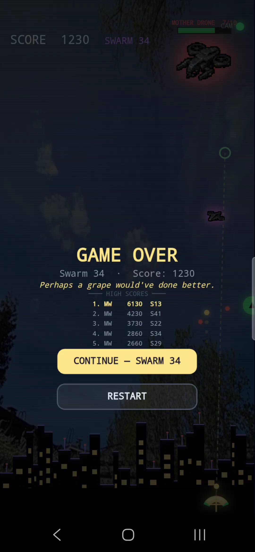 Game over screen with high score leaderboard